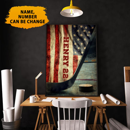 Hockey Vintage Hockey Stick & Puck with American Flag Personalized Poster