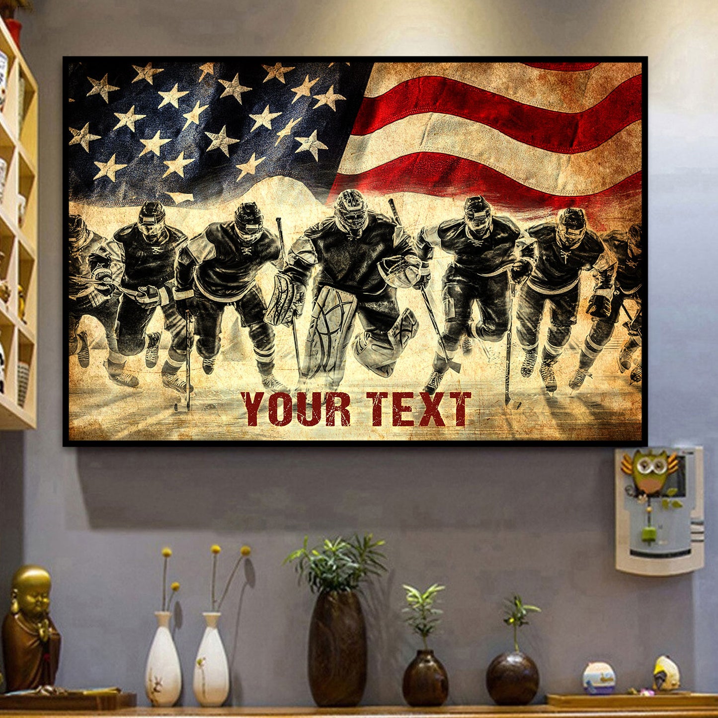 Hockey Team Under US Flag Custom Text Horizontal Poster