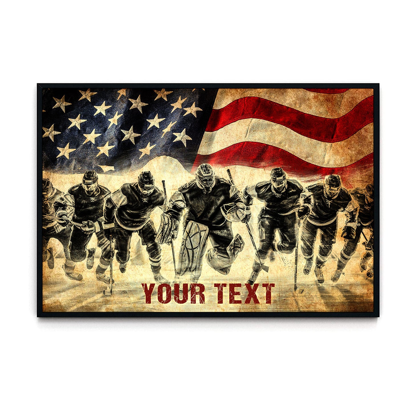 Hockey Team Under US Flag Custom Text Horizontal Poster