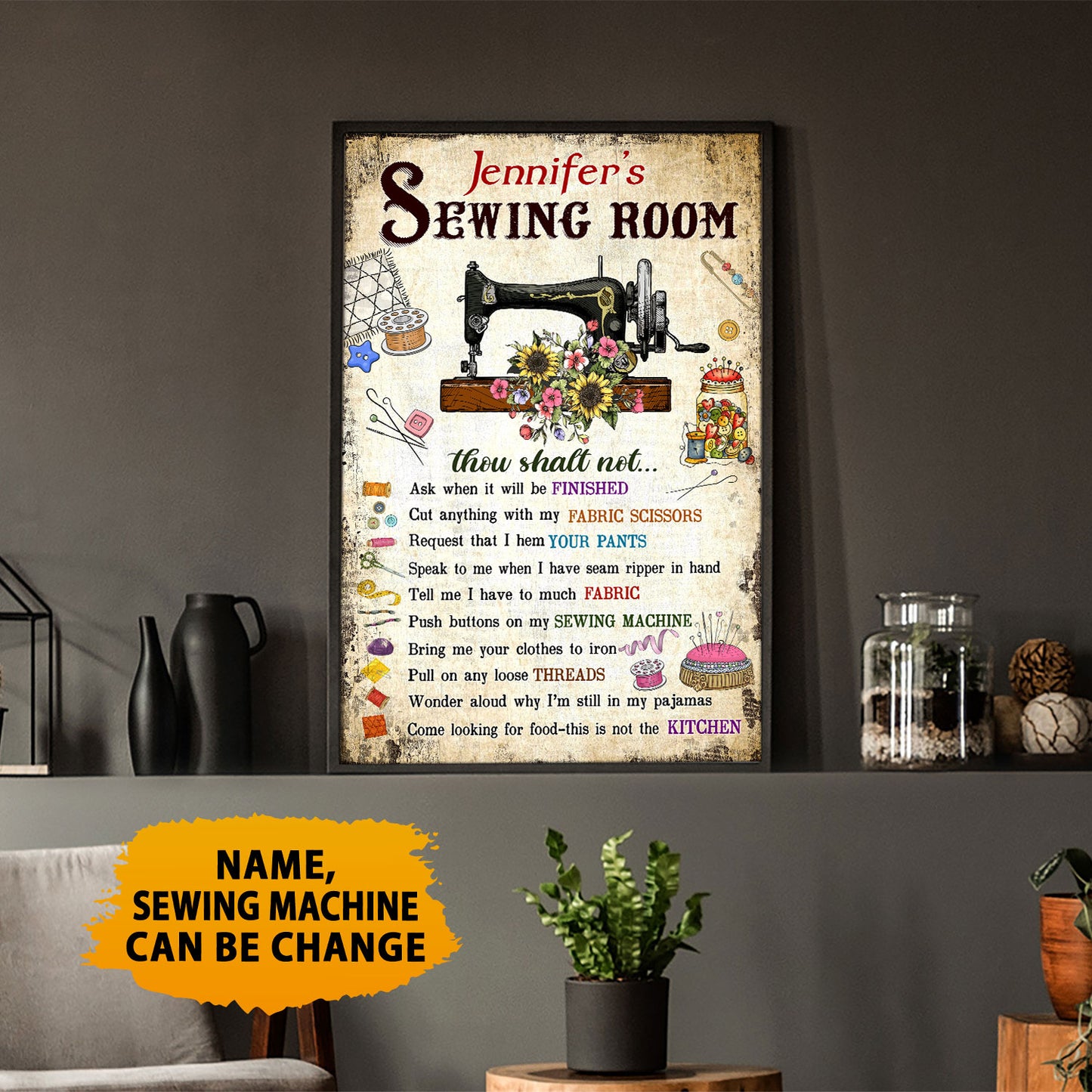 Sewing Room Rules Vintage  Personalized Vertical Poster 3