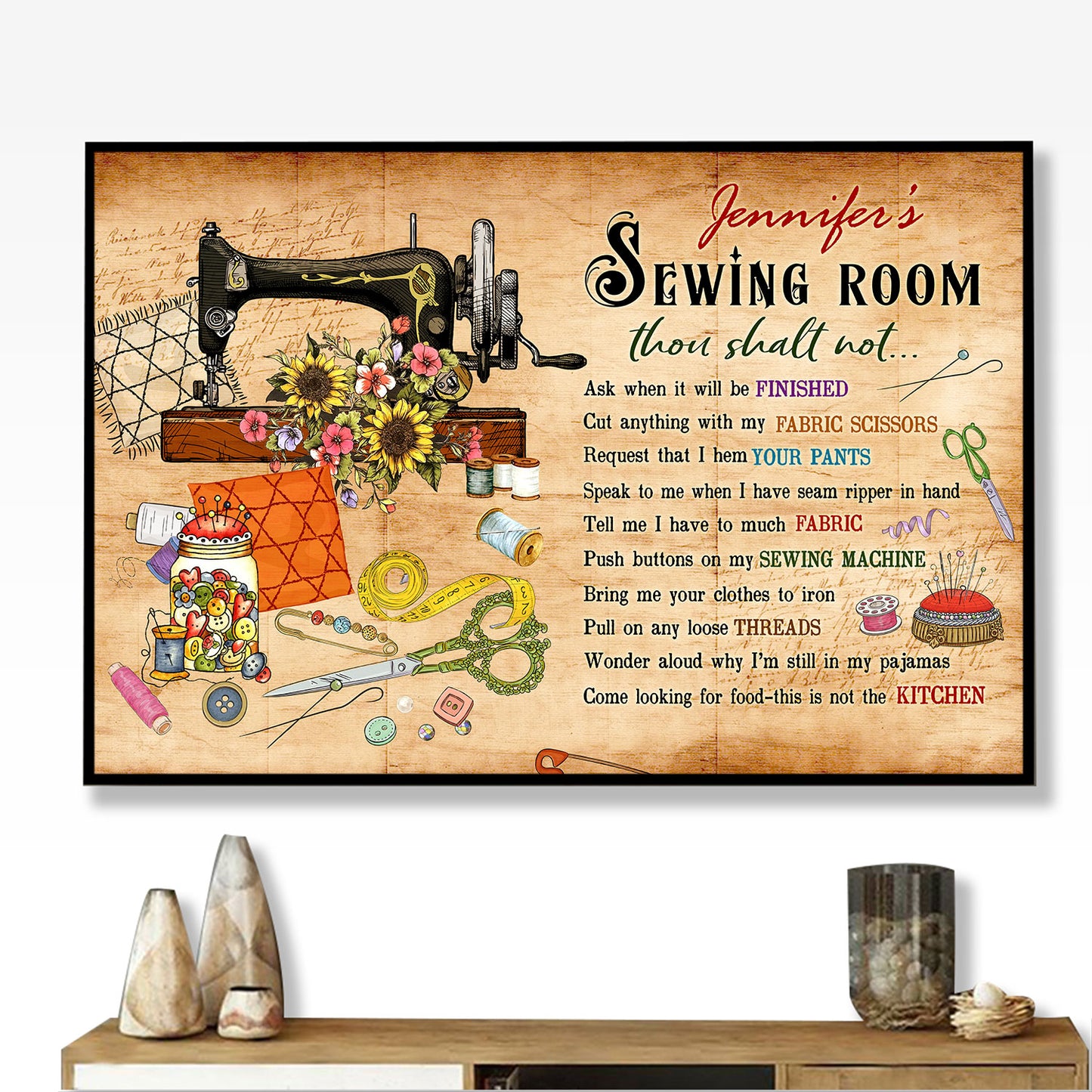 Sewing Room Rules Vintage Personalized Horizontal Poster 8