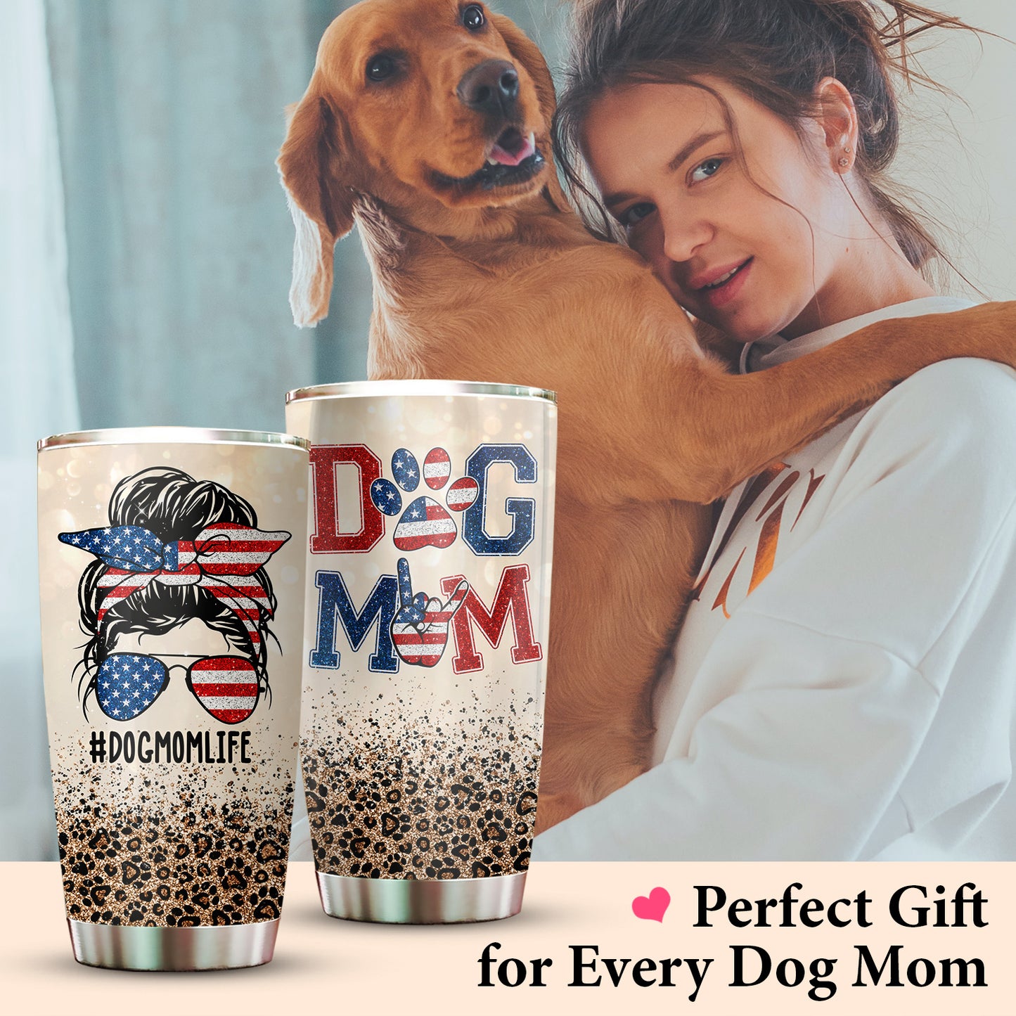 Dog Mom Leopard Pattern American Flag Glitter 20Oz Tumbler