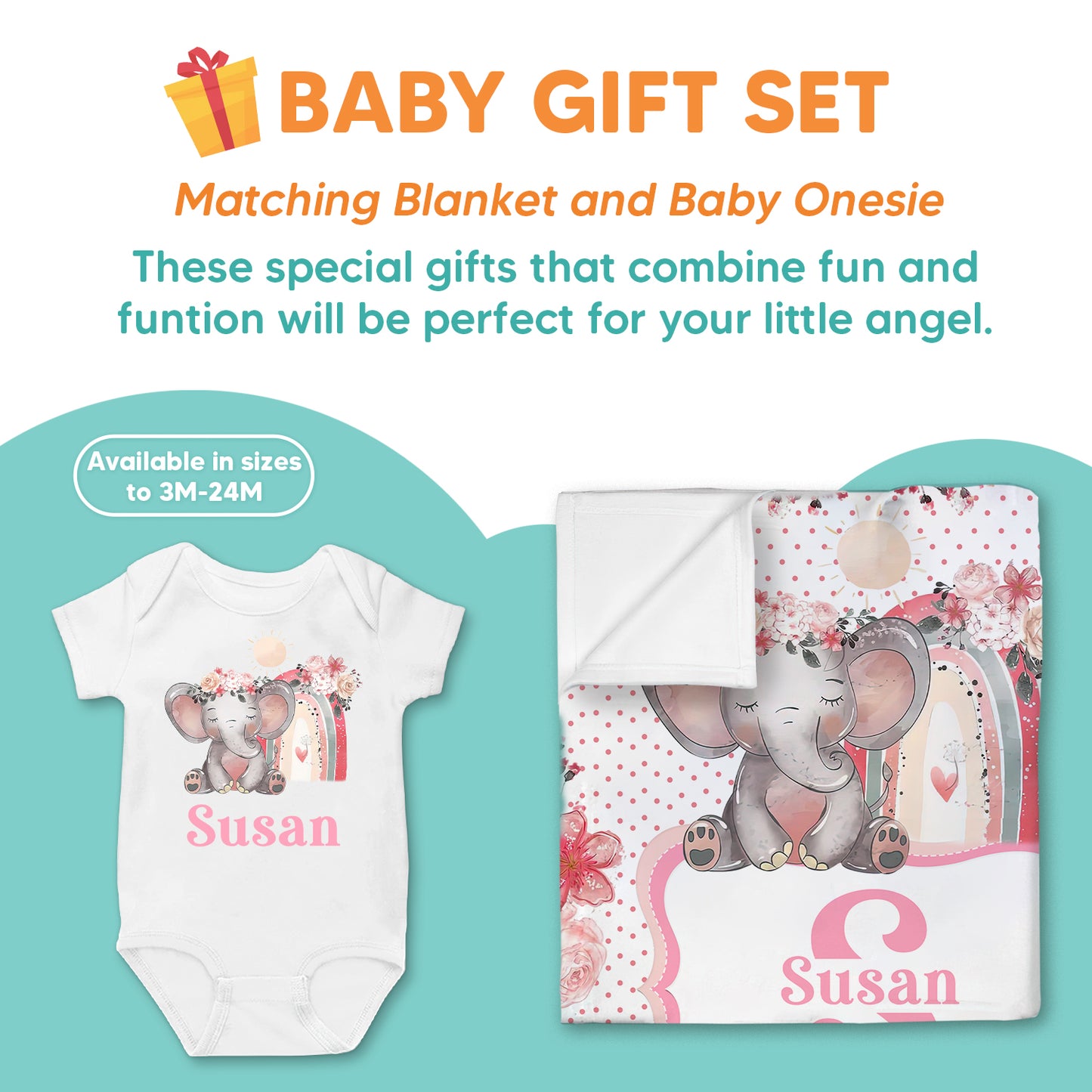 Custom Name Elephant With Lovely Boho Rainbow Baby Blanket