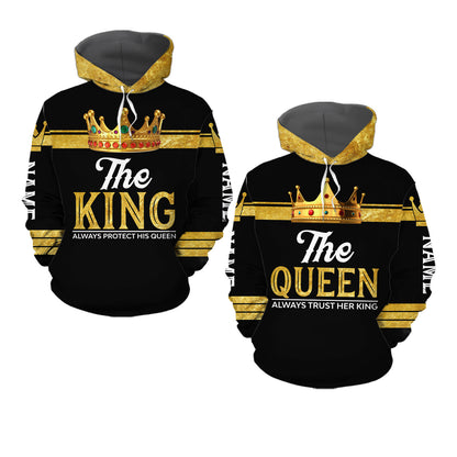Personalized King And Queen Matching Hoodie Always Protect His Queen Trust Her King All Over Print Valentine Gift Couple Matching 3D Hoodie For Couple