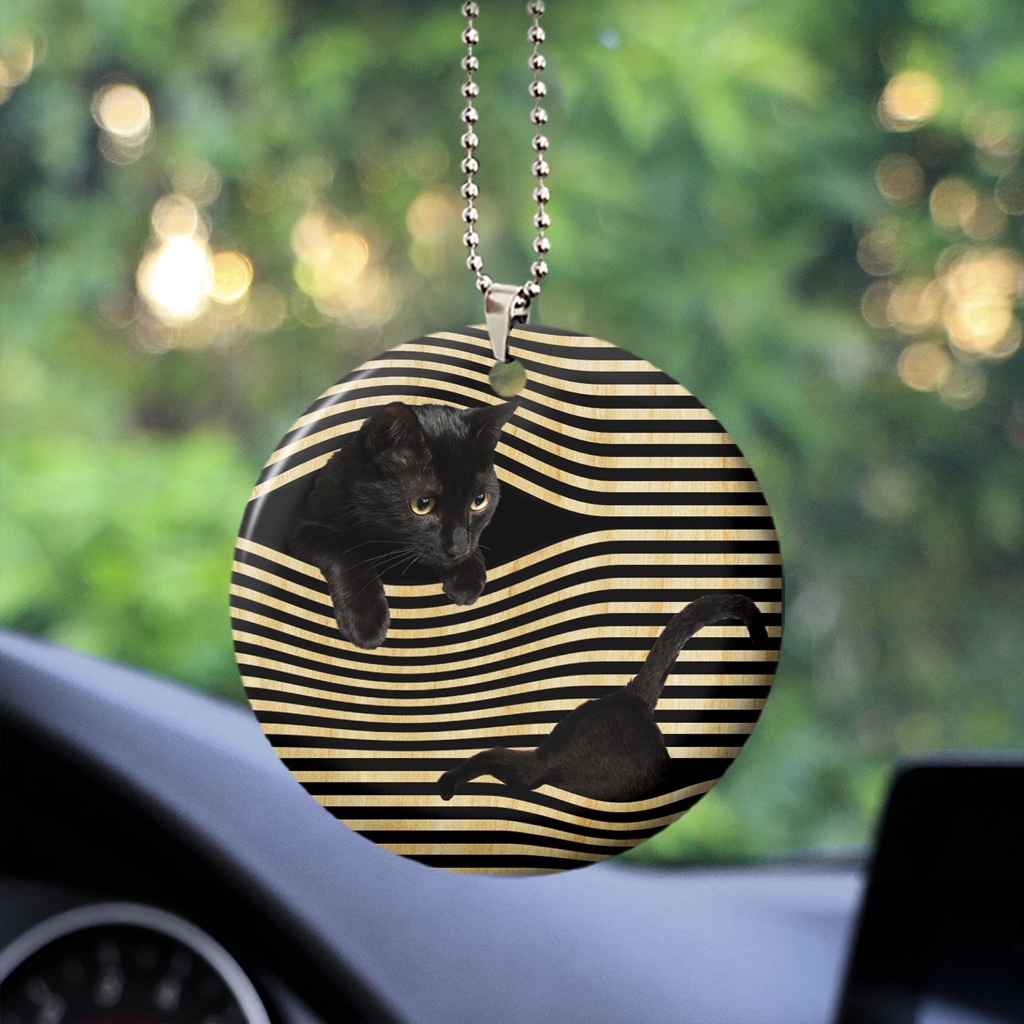 Black Cat Inside Line Wooden Car Ornament