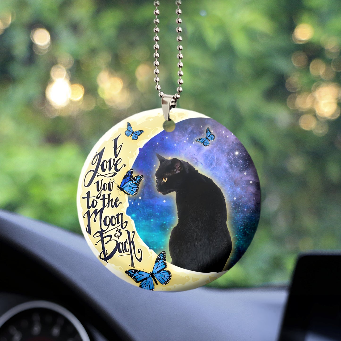 Black Cat I Love You To The Moon And Back Wooden Car Ornament