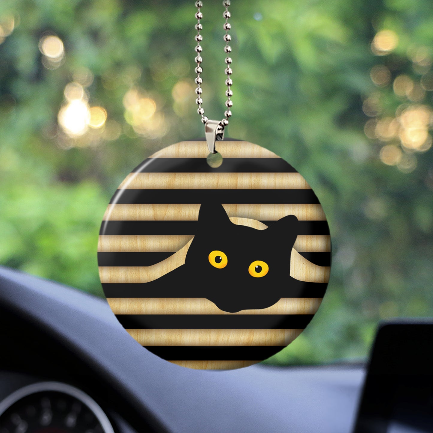 Black Cat Inside Line Wooden Car Ornament 3