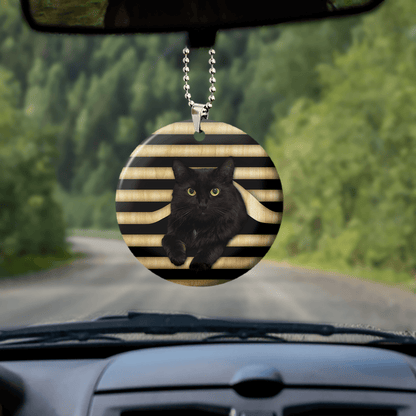 Black Cat Inside Line Wooden Car Ornament 2