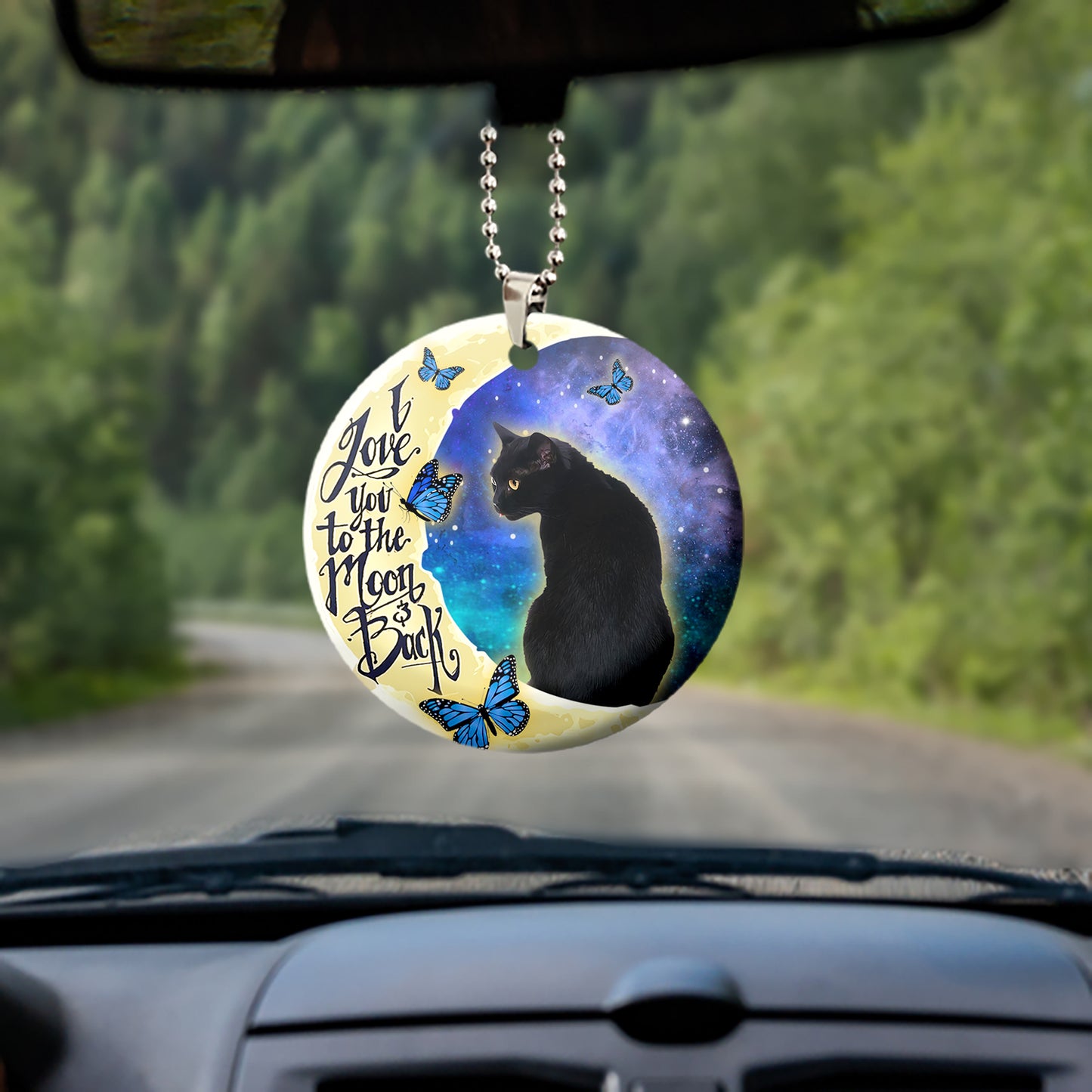 Black Cat I Love You To The Moon And Back Wooden Car Ornament