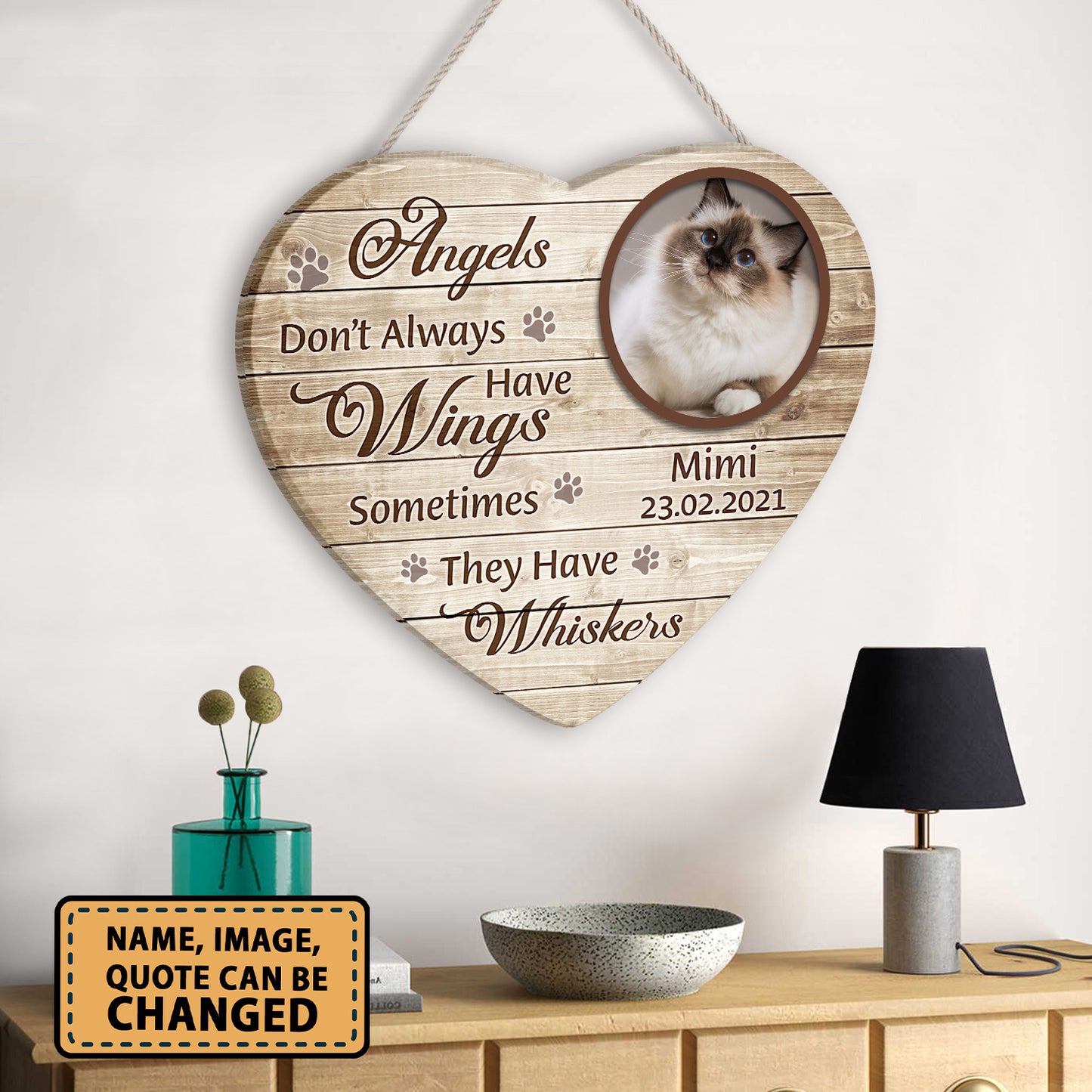 Personalized Cat Memorial Wooden Sign Pet Loss Keepsake Angels Don’t Always Have Wings Sometimes They Have Whiskers Custom Image