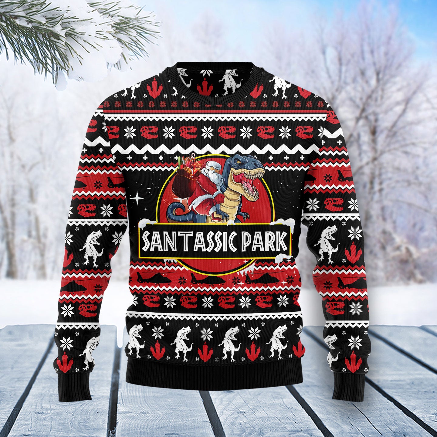 Santassic Park T0611 Ugly Christmas Sweater unisex womens & mens, couples matching, friends, funny family sweater gifts (plus size available)