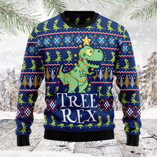 Tree rex TG5128 - Ugly Christmas Sweater unisex womens & mens, couples matching, friends, t-rex lover, funny family sweater gifts (plus size available)