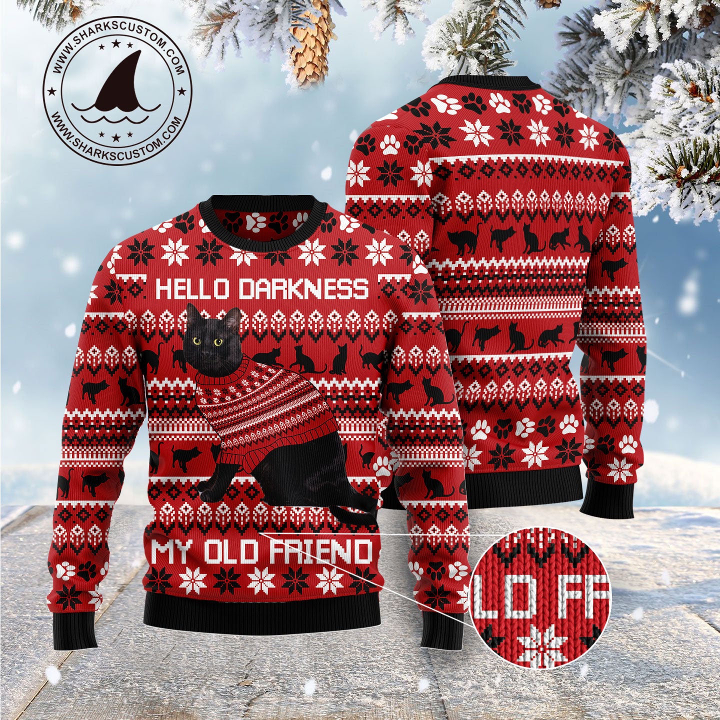 Black Cat Hello Darkness My Old Friend G5116 Ugly Christmas Sweater