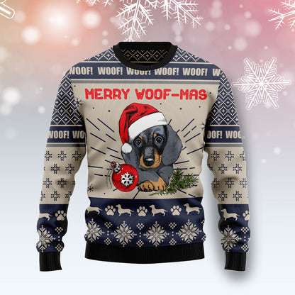 Dachshund Merry Woofmas G51127 unisex womens & mens, couples matching, friends, dachshund lover, dog lover, funny family ugly christmas holiday sweater gifts (plus size available)