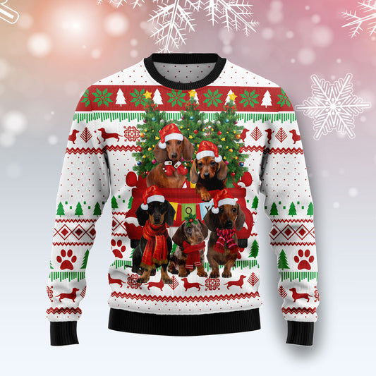 Dachshund Red Truck G5129 - Ugly Christmas Sweater unisex womens & mens, couples matching, friends, dog lover, funny family sweater gifts (plus size available)