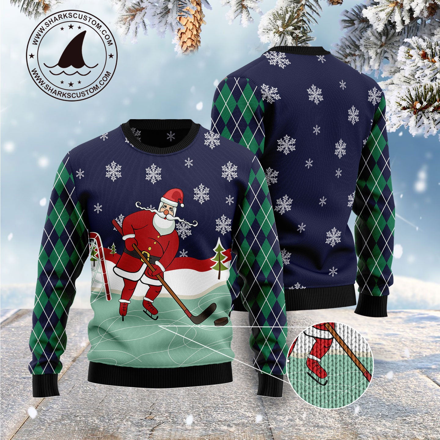 Hockey Santa Claus G51125 unisex womens & mens, couples matching, friends, hockey lover, funny family ugly christmas holiday sweater gifts (plus size available)
