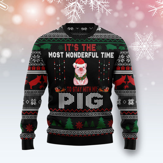 It‘s The Most Wonderful Time To Stay With My Pig G5121 unisex womens & mens, couples matching, friends, pig lover, funny family ugly christmas holiday sweater gifts (plus size available)