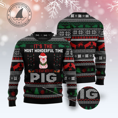 It‘s The Most Wonderful Time To Stay With My Pig G5121 unisex womens & mens, couples matching, friends, pig lover, funny family ugly christmas holiday sweater gifts (plus size available)