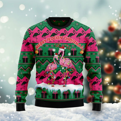 Merry Flockin‘ Christmas Flamingo G5124 unisex womens & mens, couples matching, friends, flamingo lover, funny family ugly christmas holiday sweater gifts (plus size available)