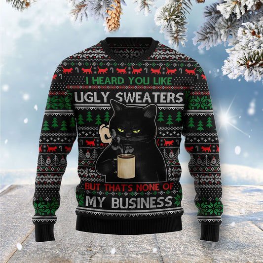 None Of My Business Black Cat TG51029 Ugly Christmas Sweater