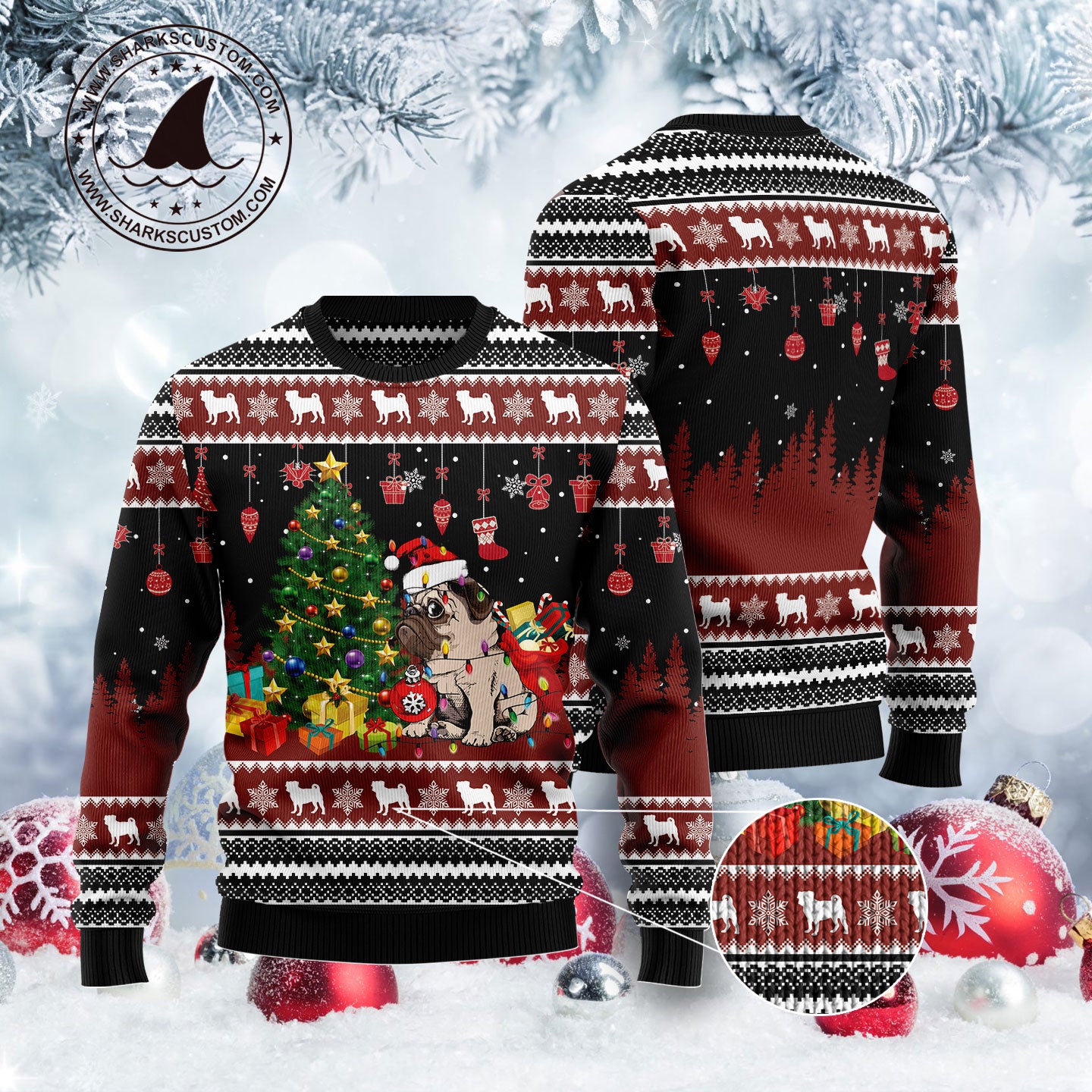 Pug Merry Christmas G51130 unisex womens & mens, couples matching, friends, pug lover, dog lover, funny family ugly christmas holiday sweater gifts (plus size available)