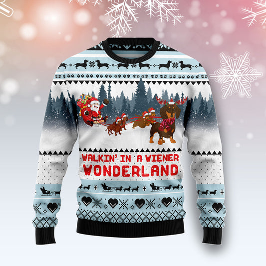 Walkin‘ In A Weiner Wonderland Dachshund Lover G51127 unisex womens & mens, couples matching, friends, dog lover, funny family ugly christmas holiday sweater gifts (plus size available)