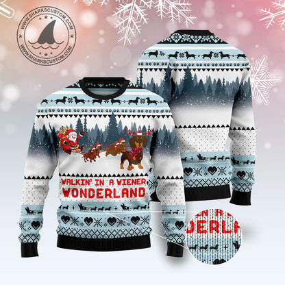 Walkin‘ In A Weiner Wonderland Dachshund Lover G51127 unisex womens & mens, couples matching, friends, dog lover, funny family ugly christmas holiday sweater gifts (plus size available)