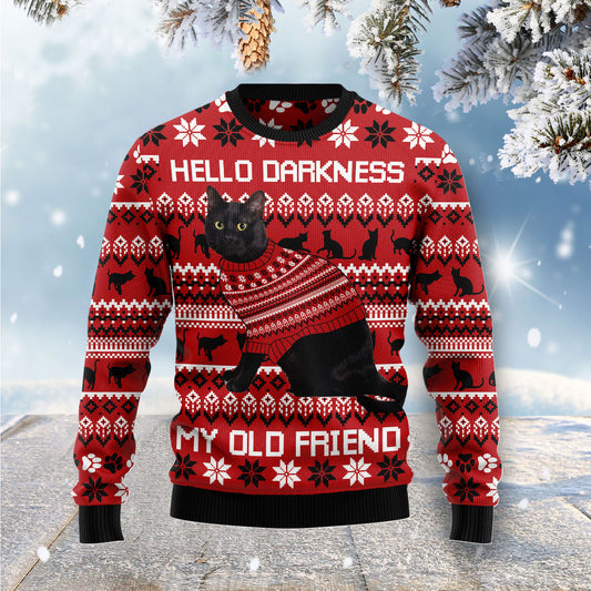 Black Cat Hello Darkness My Old Friend G5116 Ugly Christmas Sweater