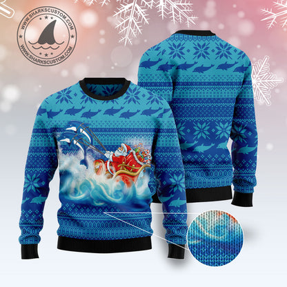 Dolphin Riding The Waves With Santa G5116 Ugly Christmas Sweater