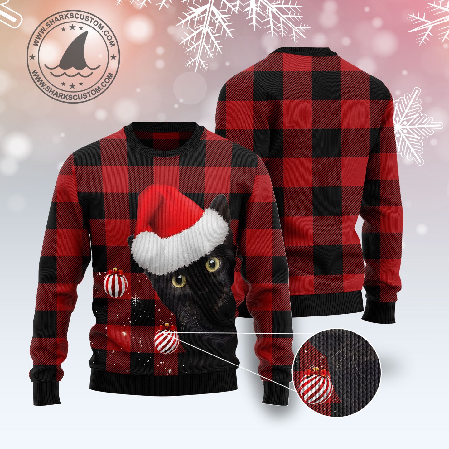 Plaid Pattern Black Cat G5116 Ugly Christmas Sweater