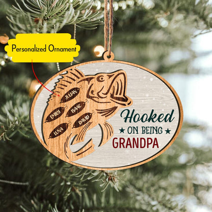 Hooked On Being Grandpa Fishing Custom Name Personalizedwitch Personalized Layered Wood Christmas Ornament