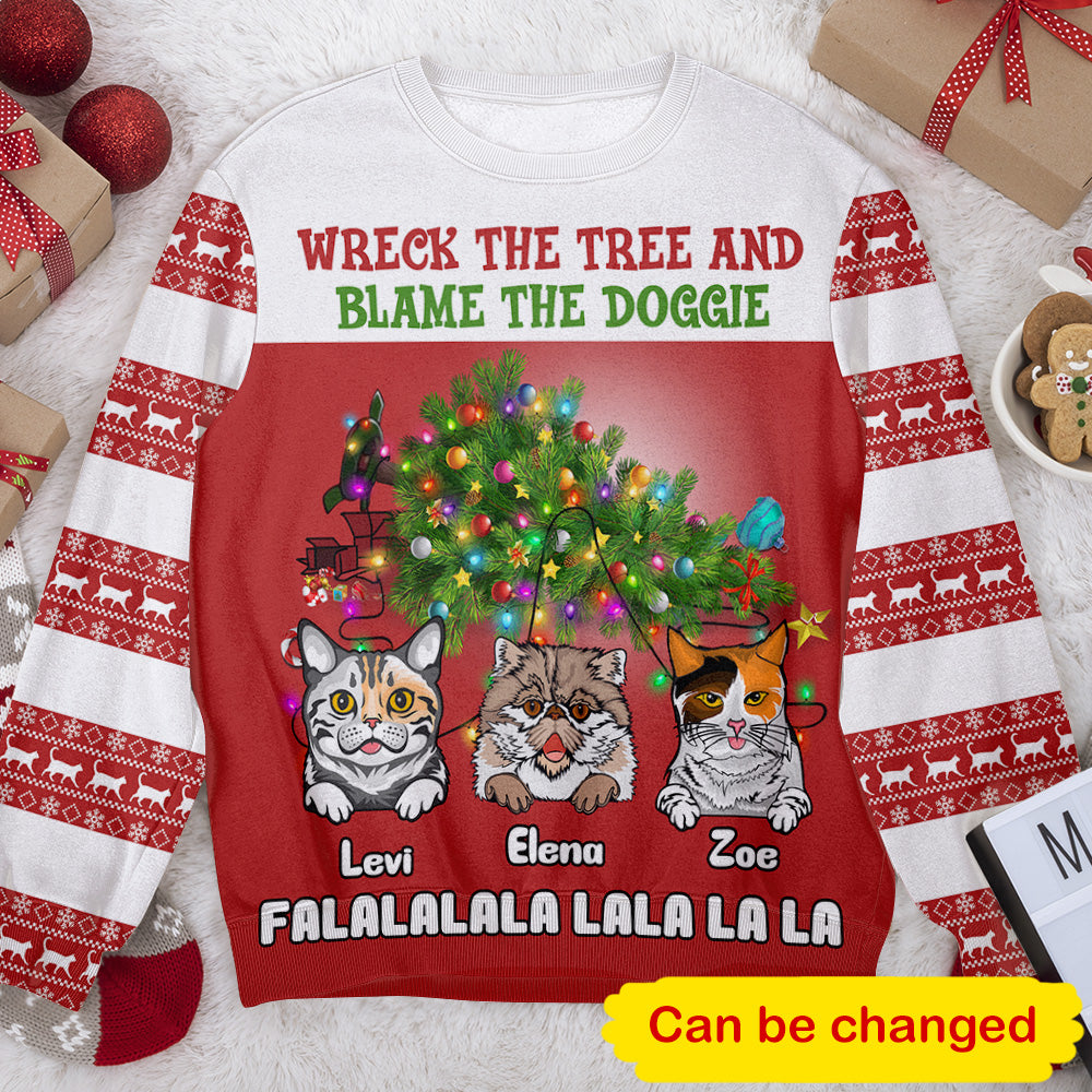 Wreck the Tree Cat Personalizedwitch Christmas Sweater