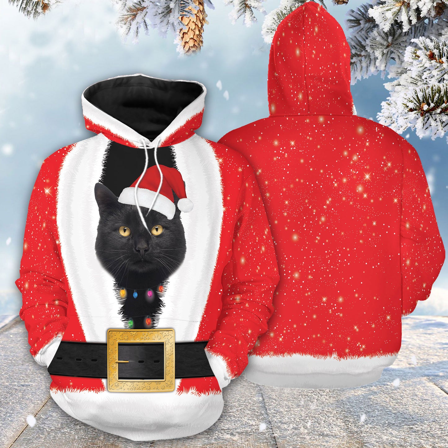 Santa Claus With Black Cat G51019 - All Over Print Unisex Hoodie