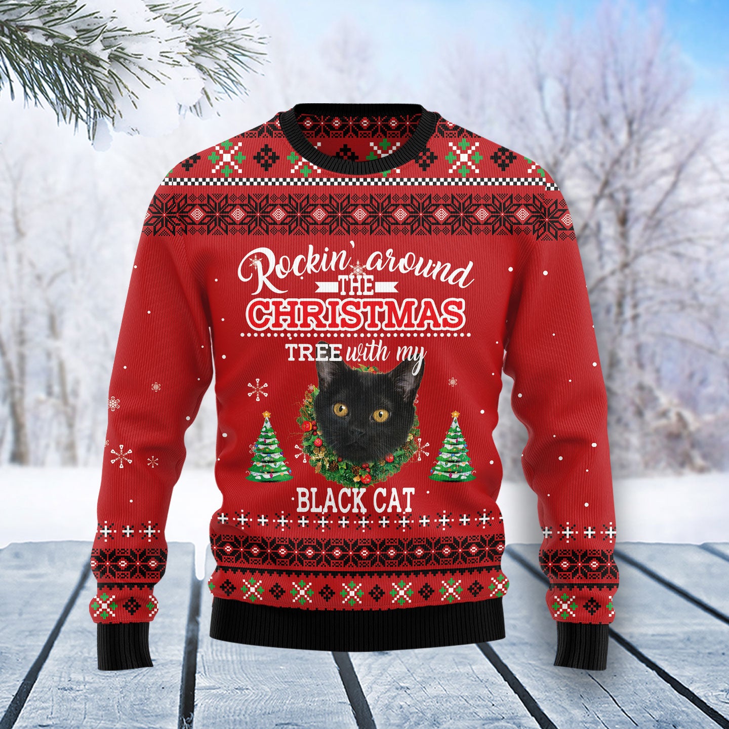 Black Cat Rockin' TY0712 unisex womens & mens, couples matching, friends, funny family ugly christmas holiday sweater gifts (plus size available)