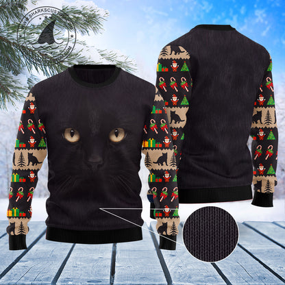 Black Cat Cute Face T2210 Ugly Christmas Sweater