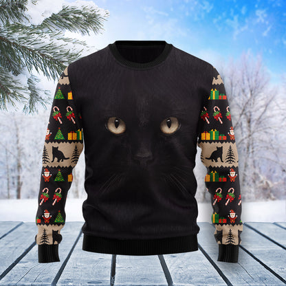 Black Cat Cute Face T2210 Ugly Christmas Sweater