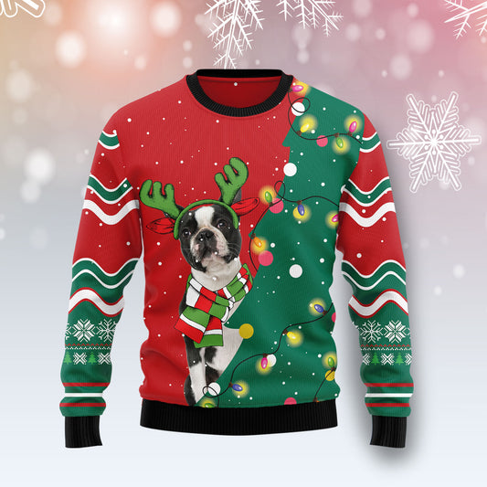 Boston Terrier Christmas Tree TY0312 unisex womens & mens, couples matching, friends, funny family ugly christmas holiday sweater gifts (plus size available)
