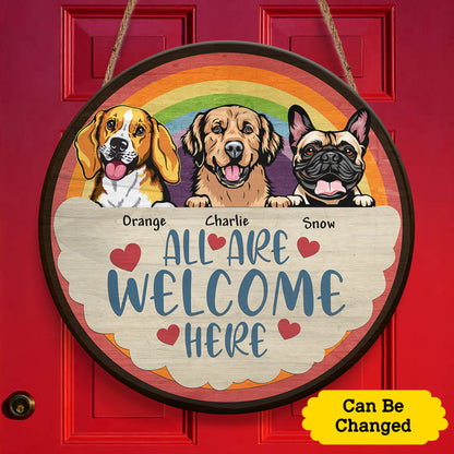 All Are Welcome Here Dog Rainbow Cloud Personalizedwitch Personalized Round Wood Sign Outdoor Decor