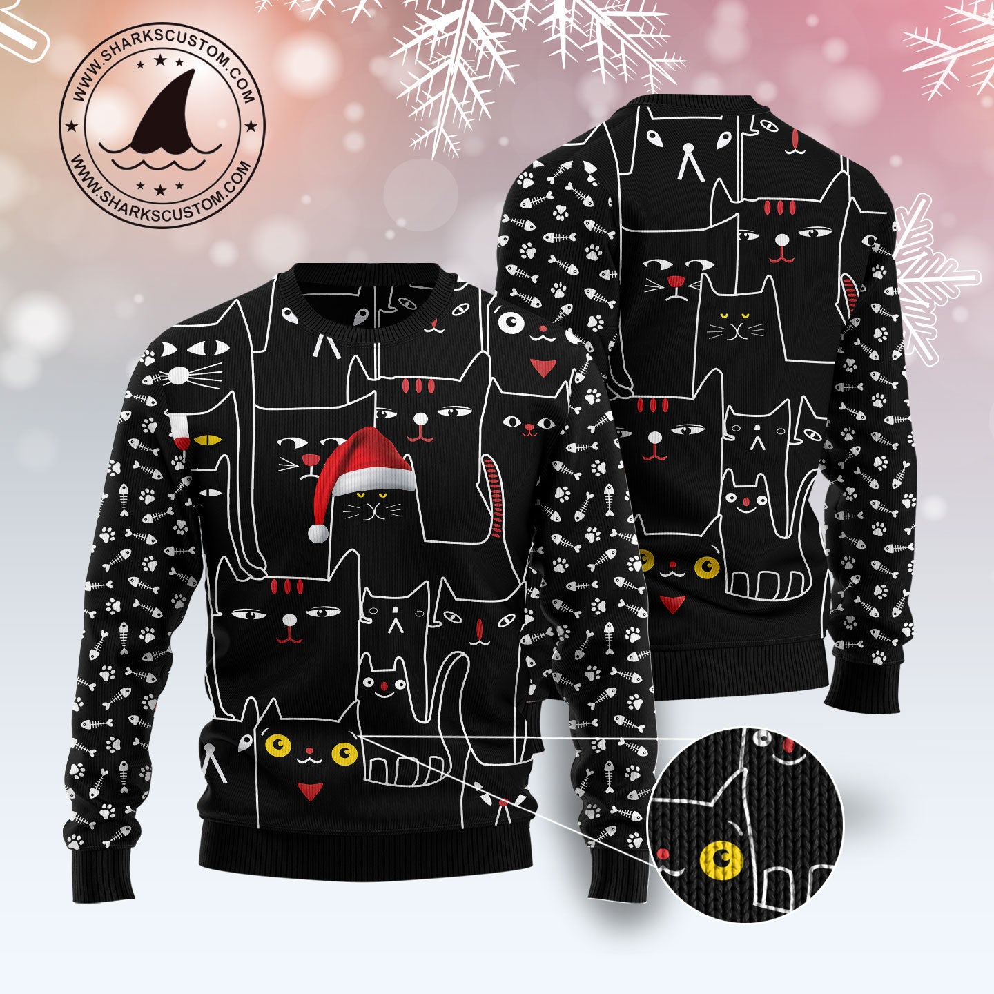 Black Cat With Noel Hat T2011 unisex womens & mens, couples matching, friends, funny family ugly christmas holiday sweater gifts (plus size available)