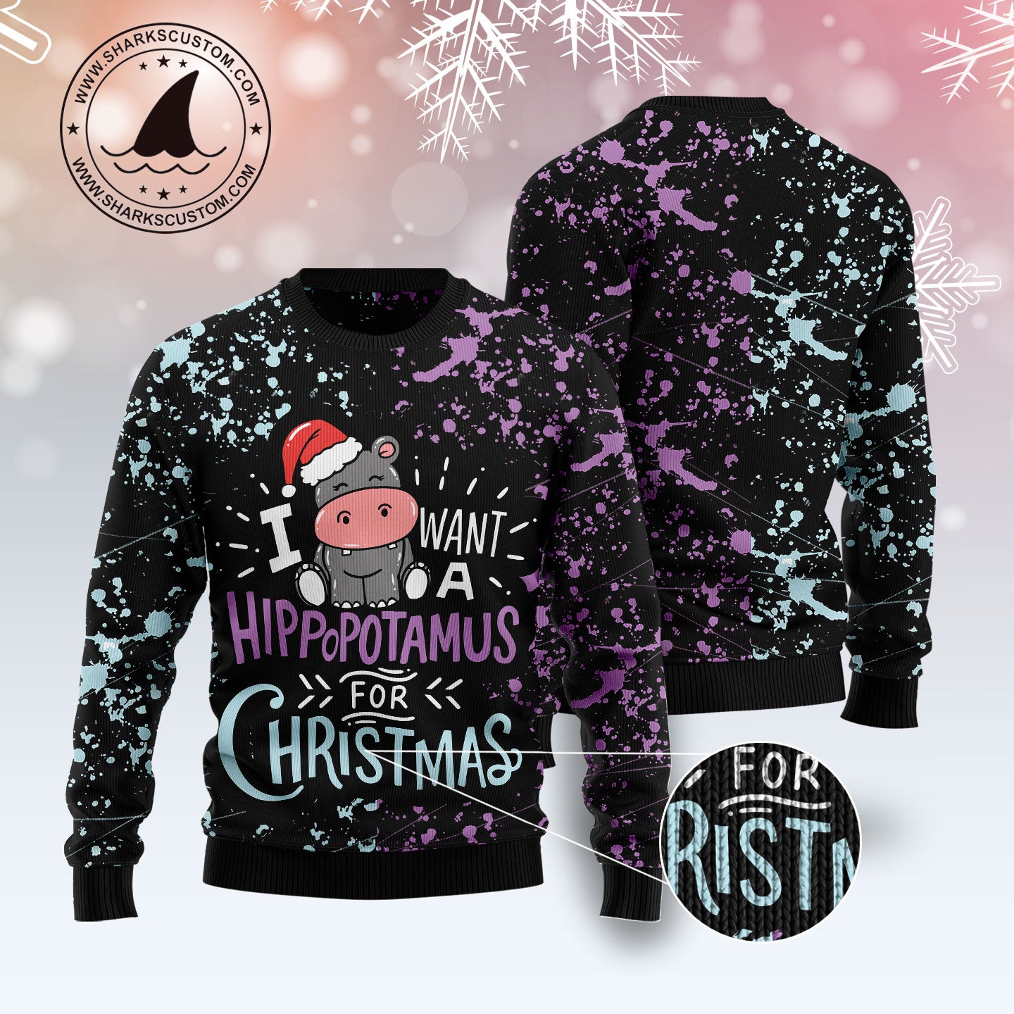 Hippo Christmas T2311 unisex womens & mens, couples matching, friends, funny family ugly christmas holiday sweater gifts (plus size available)