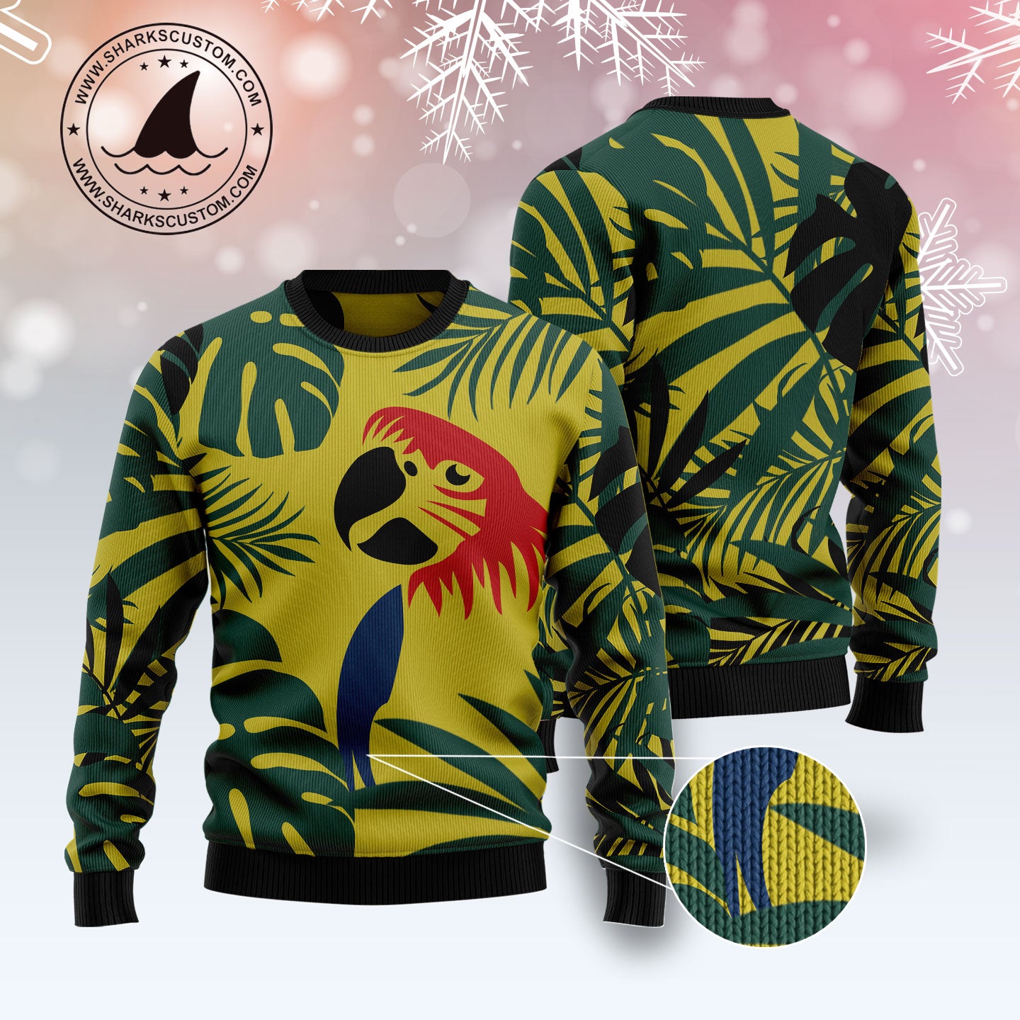 Parrot Tropical Leaf T2411 unisex womens & mens, couples matching, friends, funny family ugly christmas holiday sweater gifts (plus size available)