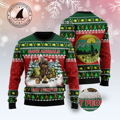 Save Animals, Eat People Bear HZ120915 unisex womens & mens, couples matching, friends, funny family ugly christmas holiday sweater gifts (plus size available)