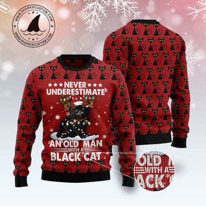 Black Cat Old Man T1811 Ugly Christmas Sweater