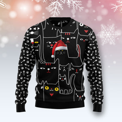 Black Cat With Noel Hat T2011 unisex womens & mens, couples matching, friends, funny family ugly christmas holiday sweater gifts (plus size available)