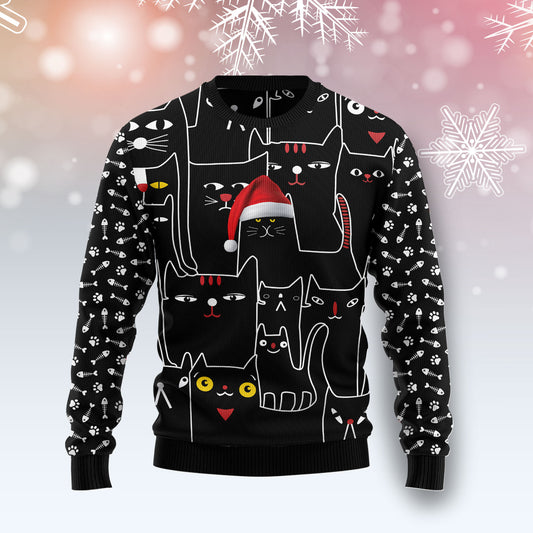 Black Cat With Noel Hat T2011 unisex womens & mens, couples matching, friends, funny family ugly christmas holiday sweater gifts (plus size available)