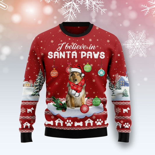 Collie I Believe In Santa Paws T1011 Ugly Christmas Sweater