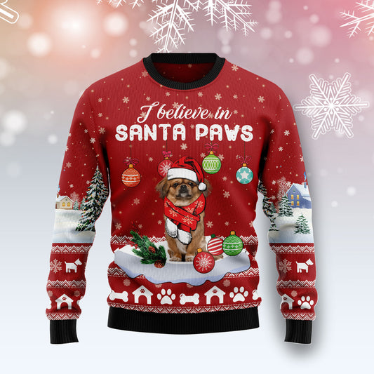 Pekingese I Believe In Santa Paws T1011 Ugly Christmas Sweater unisex womens & mens, couples matching, friends, funny family ugly christmas holiday sweater gifts (plus size available)