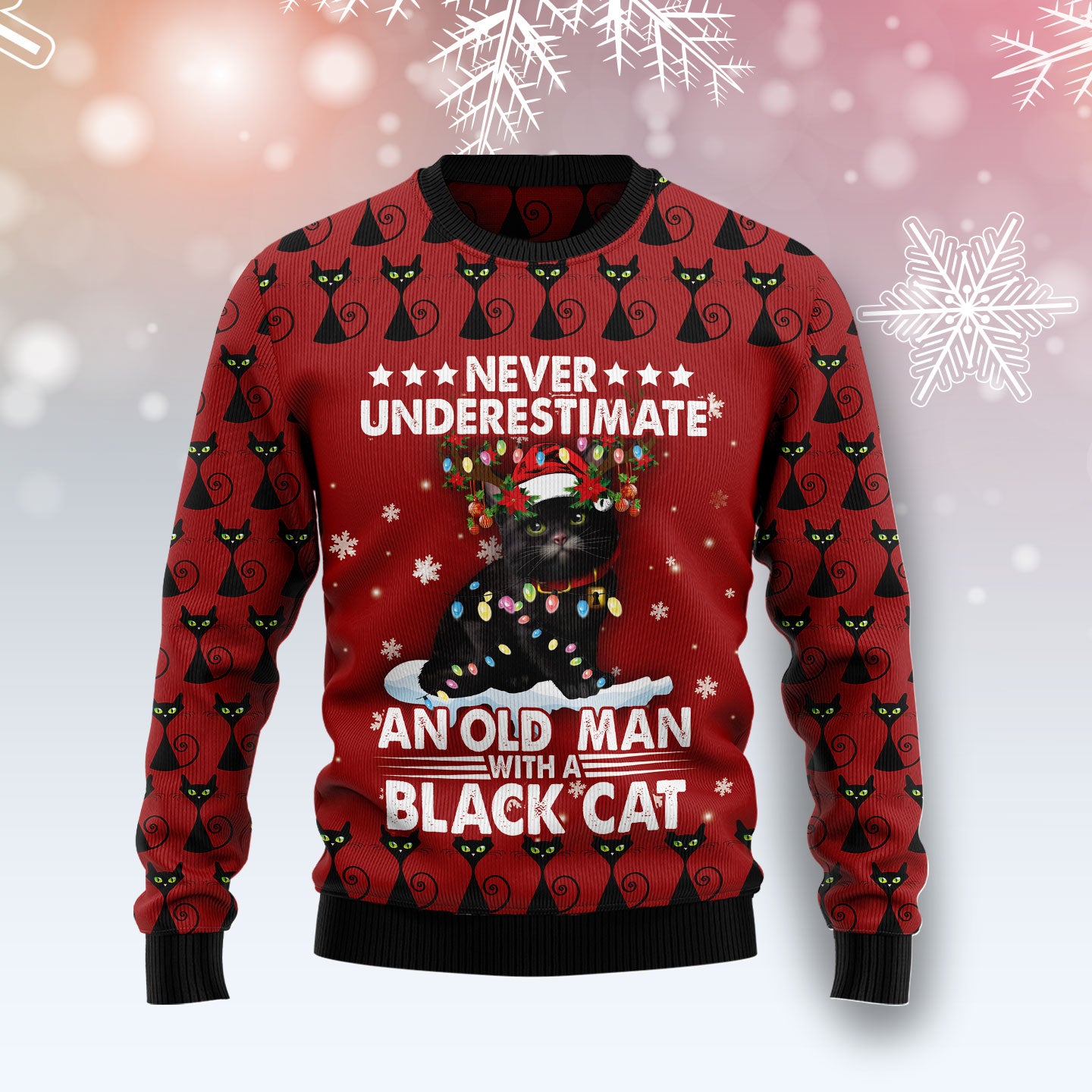 Black Cat Old Man T1811 Ugly Christmas Sweater