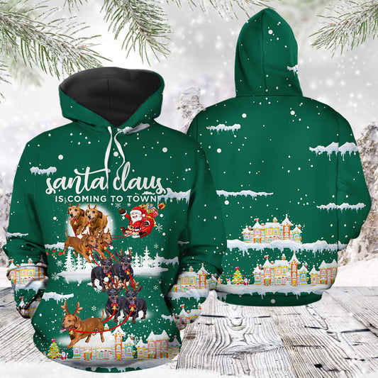 Dachshund Santa Is Coming To Town T2711 unisex womens & mens, couples matching, friends, funny family sublimation 3D hoodie christmas holiday gifts (plus size available)