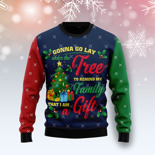 Lay Under Tree Remind My Family I am A Gift HZ121007 unisex womens & mens, couples matching, friends, funny family ugly christmas holiday sweater gifts (plus size available)